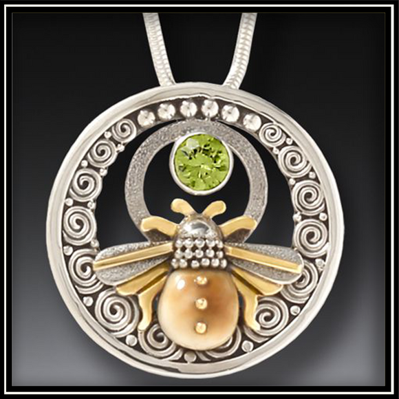 Legends Fossilized Walrus Tusk Silver Bee Pendant With Peridot
