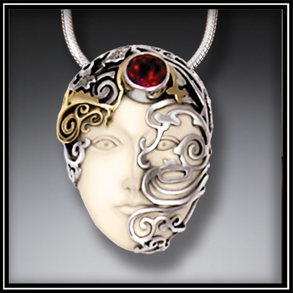 Mammoth Tusk Ancient Ivory Ornamented Face with 14kt Gold and Garnet