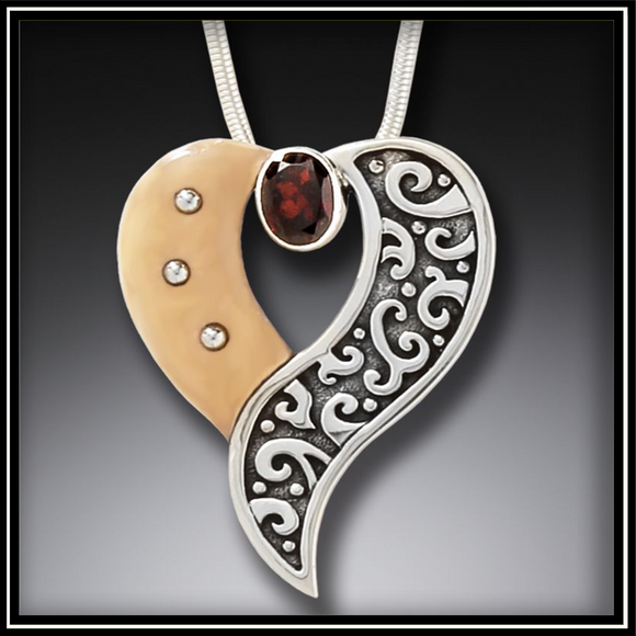 Heart's Desire Fossilized Walrus Ivory Heart Necklace with Garnet