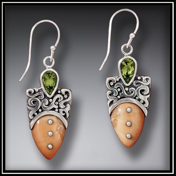 Fossilized Walrus Ivory Silver Shield Earrings with Peridot