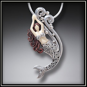 Mammoth Tusk Ivory Dancing Silver Mermaid Pendant