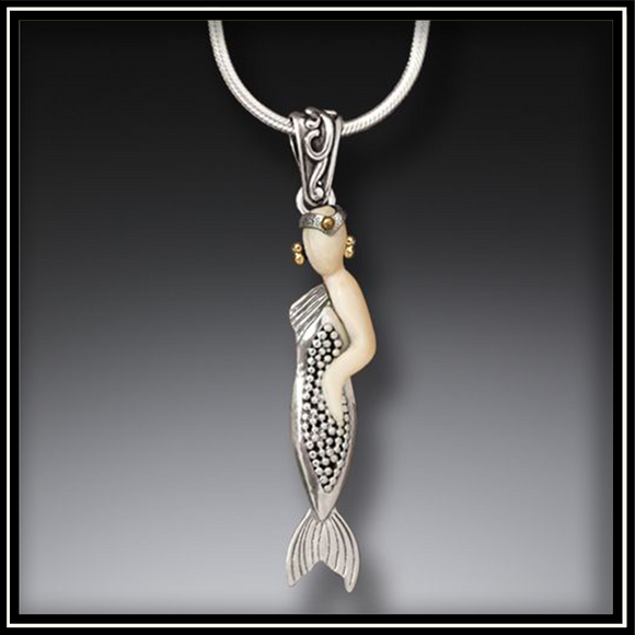 Delicate Mermaid Mammoth Ivory Tusk Silver Pendant