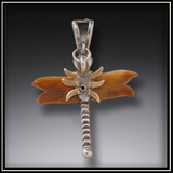 Fossilized Walrus Tusk Ivory Silver Dragonfly Pendant Necklace