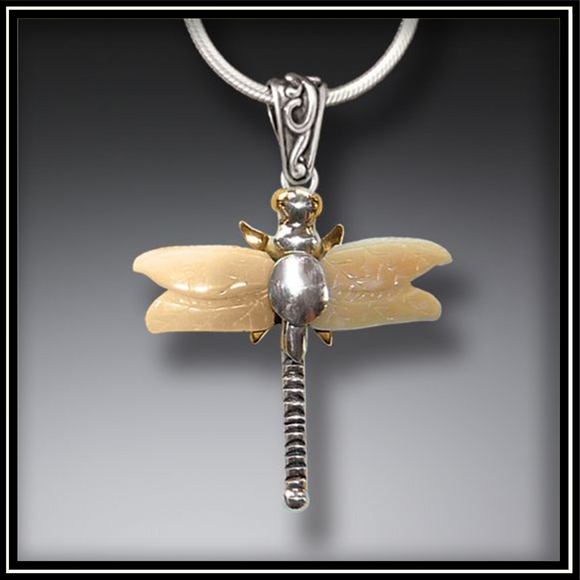 Fossilized Walrus Tusk Ivory Silver Dragonfly Pendant Necklace