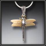 Fossilized Walrus Tusk Ivory Silver Dragonfly Pendant Necklace