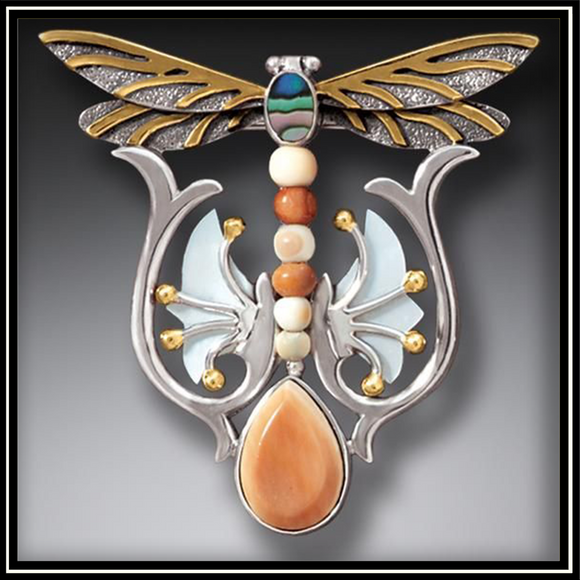 Dragonfly Rising Fossilized Ivory Paua Pin with Mother of Pearl