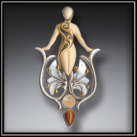 Emergence Fossilized Walrus Ivory Mother of Pearl Pendant and Pin