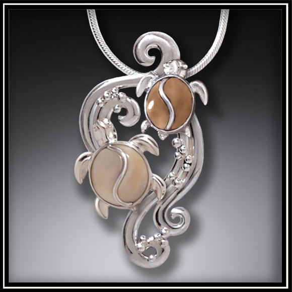 Turtles in the Surf Fossilized Walrus Ivory Sea Turtle Necklace