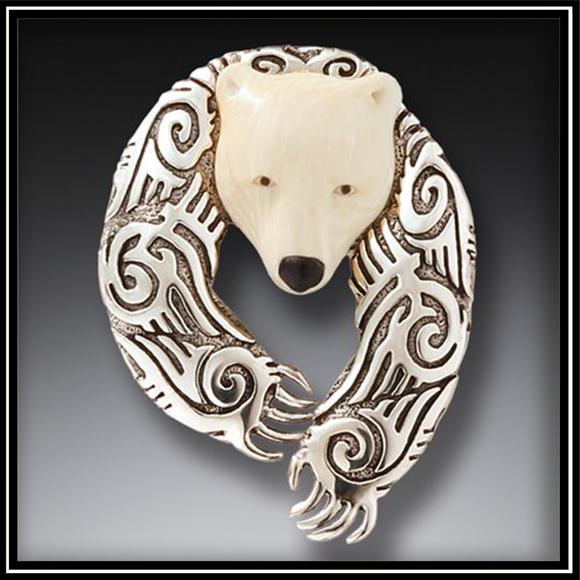Ancient Mammoth Ivory Silver Alpha Bear Pendant and Pin