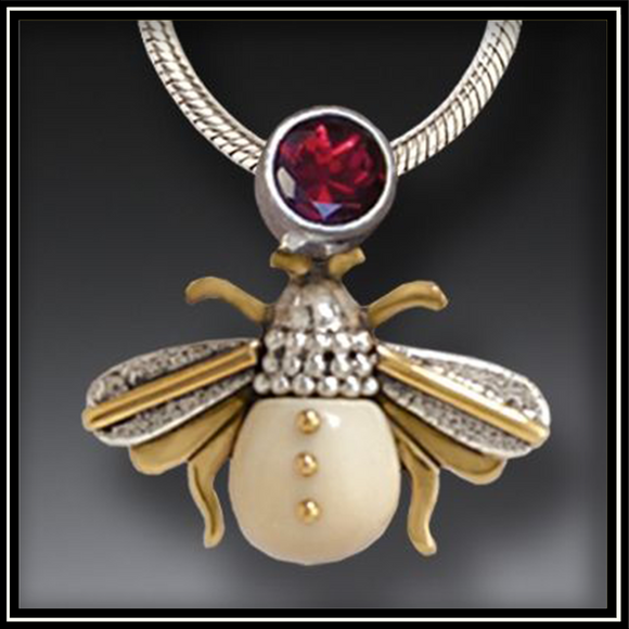 Fossilized Walrus Tusk Silver Bee Pendant Necklace with Garnet