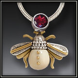 Fossilized Walrus Tusk Silver Bee Pendant Necklace with Garnet