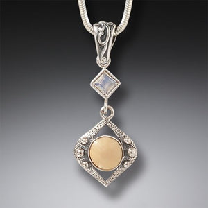 Night Rain Fossilized Mammoth Ivory and Rainbow Moonstone Pendant