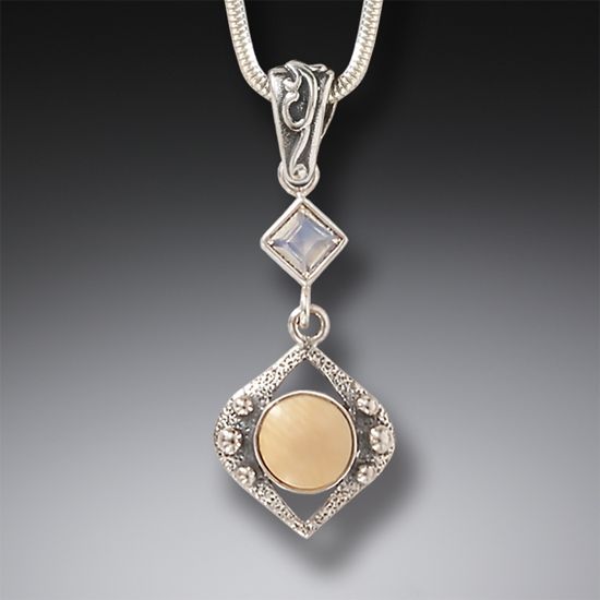 Night Rain Fossilized Mammoth Ivory and Rainbow Moonstone Pendant