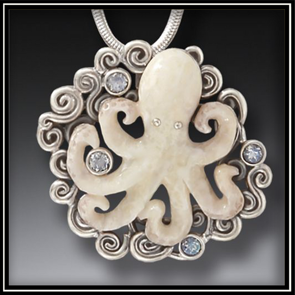 Beneath the Waves Fossilized Walrus Ivory Octopus Pendant