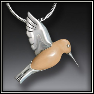 Fossilized Walrus Ivory and Silver Hummingbird Pendant