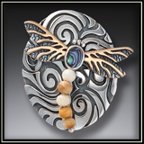 Winged Currents Fossilized Ivory Silver Dragonfly Paua Pendant or Pin