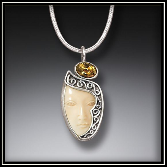 Fossilized Walrus Ivory Goddess Enigma Pendant with Citrine