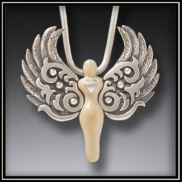Guardian Heart Ancient Mammoth Ivory and Sterling Silver Angel Pendant