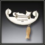 Fossilized Walrus Ivory Cat with Fish Pendant and Pin