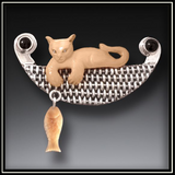 Fossilized Walrus Ivory Cat with Fish Pendant and Pin
