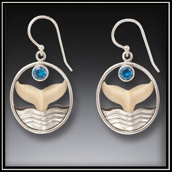 Fossilized Ivory and Blue Topaz Whale Tail Earrings