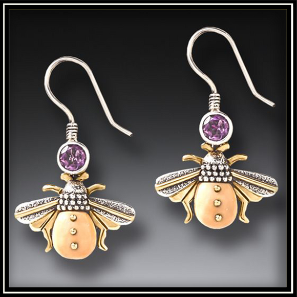 Fossilized Walrus Ivory Amethyst Bee Earrings