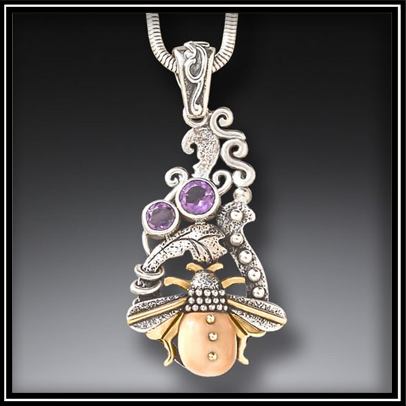 Bee in the Garden Fossilized Walrus Ivory Amethyst Pendant