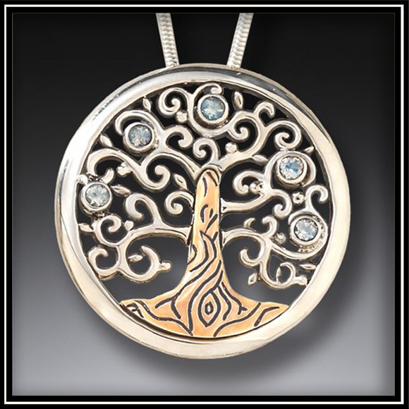 Tree of Life Fossilized Walrus Ivory and Rainbow Moonstone Pendant