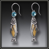 Treasures from the Sea Fossilized Walrus Ivory and Blue Topaz Fish Earrings