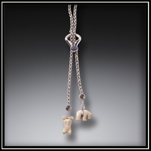 Mammoth Ivory and Labradorite Little Polar Bears Necklack