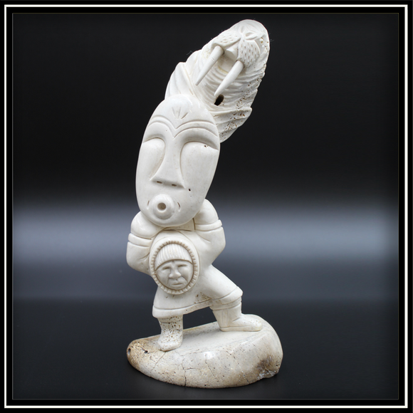 Walrus Jawbone Totem Carving - Man, Mask, & Walrus